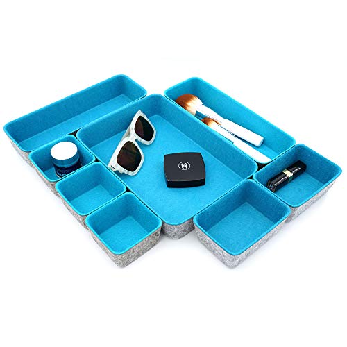 Welaxy desk drawer organiser trays drawers dividers small shallow felt storage box for office accessories closet cabinet makeup jewelry crafts organizing 8-piece (Turquoise)