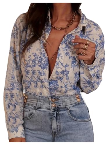 SHENHE Women's Floral Button Down Blouse Long Sleeve Dressy Casual Work Shirt with Pocket White Small at Amazon