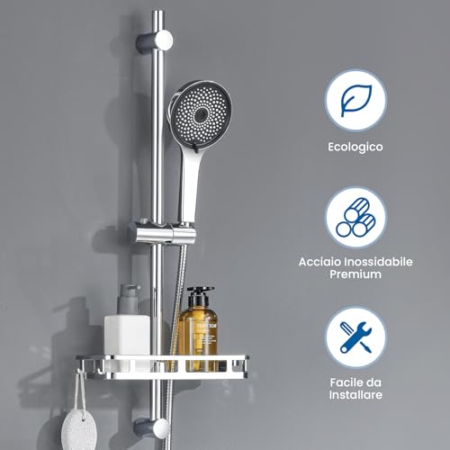 Auralum Shower Rail with 5 Geti Shower Head and Shower Shelf, 70 cm Stainless Steel Shower Rod with Adjustable Shower Holder, Shower Column Without Mixer Adapting to Existing Holes, Chrome