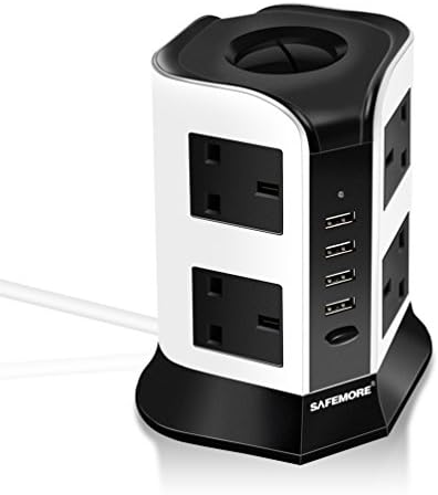Extension Lead SAFEMORE 8 Way Outlets Surge Protected Socket with 4 USB Ports(5V/2.1A) Power Strips Tower Extension with Overload Protectors 2M Extension Cable - White