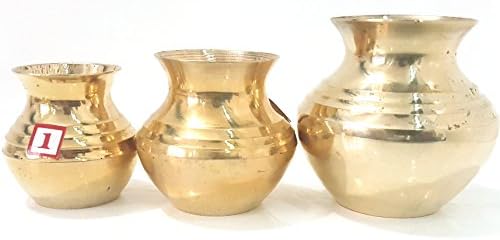 SET of 3 Pure Brass Kalash 2"/2.5"/3" Pot Lota Prasad Bhog Arti Vraja Krishna Ganesha Laxmi Pooja