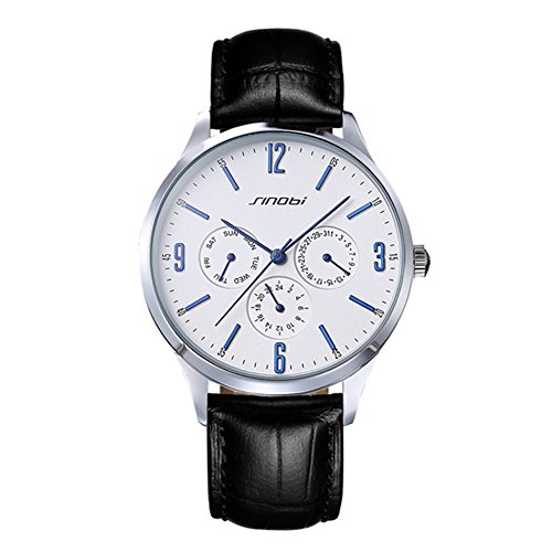 SINOBI Fashion Casual Men Analog Quartz Blue Sign Exquisite Brief White Dial Watches Black Leather Strap Waterproof WristWatch for Men