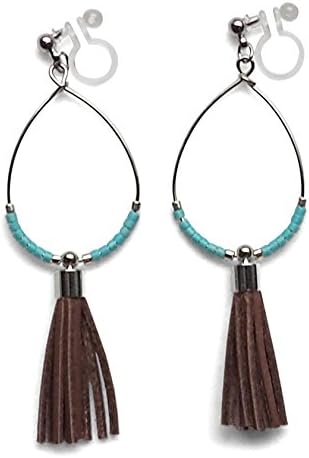 Dangle Teardrop Silver tone Beaded Hoop Brown Faux Leather Fringe Tassel Boho Invisible Clip On Earrings / Miyabi Grace - Women Fashion