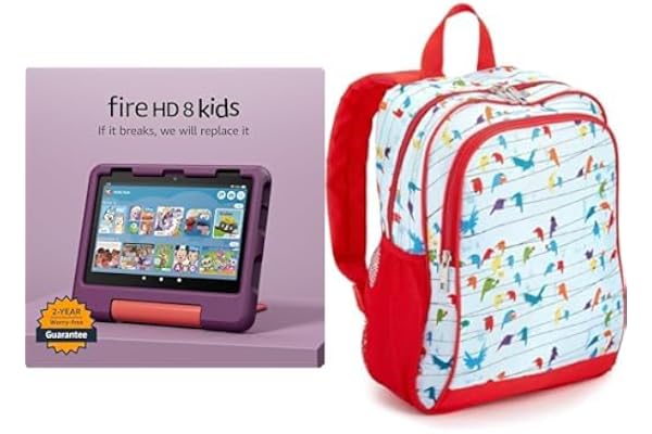 Amazon Fire HD 8 Kids tablet, ages 3-7 (32GB, Grape) + Backpack Bundle