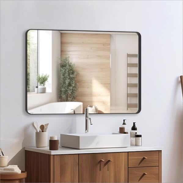 ANYHI Large Wall Mounted Mirror, 24"x36"Bathroom Mirror with Shelf, Wall Mirror with Removable Shelf, Aluminum Frame & Rounded Rectangular Wall Mirror for Bathroom, Horizontal/Vertical, Black