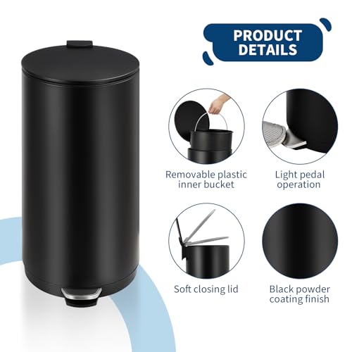 30L Round Kitchen Trash Can, 8 Gallon Compact Rubbish Bin with Soft-Close Lid and Foot Pedal, Stainless Steel Waste Container with Removable Inner Bucket for Bathroom, Living Room, White