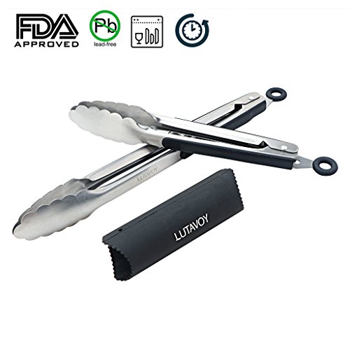 LUTAVOY Salad Tongs BBQ Serving Tongs Kitchen Locking Tongs for Cooking,2 Packs 9"&12" (KS01),FDA approved, No toxic, Diswasher Safe