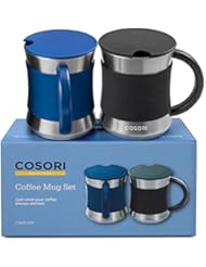 COSORI Coffee Mug with Lids Set of 2, Stainless Steel Cups with Heat-resistant Handle & Slip-resistant Sleeve, 17 oz, Best Match w/Mug Warmer, for Coffee,Tea,Water,Cocoa, Milk, C1601-CM, Black & Blue
