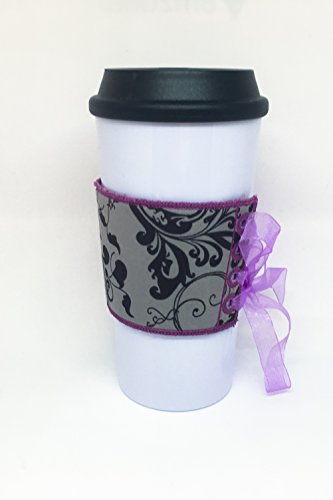 Embroidered Coffee Corset - Purple, Gray, and Black Reversible Fabric Coffee Cozy Cup Wrap Sleeve