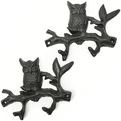 Set of 2 Wall Mounted Rustic Owl Perched on Tree Branch Key Hooks