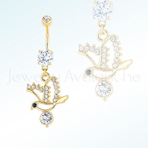 Multi-Gem CZ Silver Dove Belly Ring, Polished Screw-on 14G Banana Barbel 316L Surgical Steel Navel Ring - Yellow