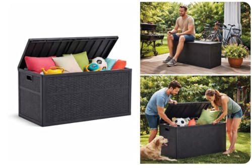 Divona Storage Box 460L – Lockable Indoor & Outdoor Storage Deck with Lid, Water-Resistant, Wood-Look Design for Patio, Garden, Balcony, Built-in Wheels, Deck Box