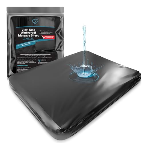 Vinyl Waterproof Fitted Sheet, King 183 x 203 cm, 40 cm Deep Pocket, Phthalate-Free Black Wipe-Clean Mattress Protector with Side Pocket & Repair Kit, for Massage Oil, Water & Silicone