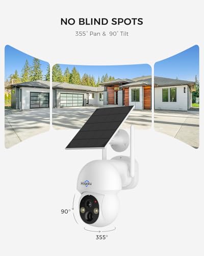 Hiseeu - Cámara de Seguridad con Panel Solar para Exteriores, WiFi de 2.4 G y 5 G, visión Nocturna a Color, visión de 360°, panorámica e inclinación, cámara 100% inalámbrica Compatible con Sistema de