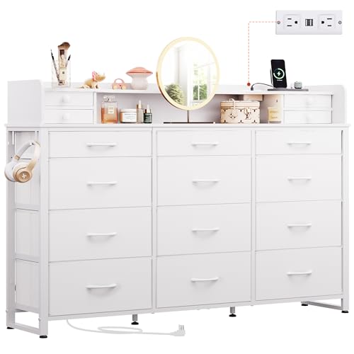 WLIVE 55''W Storage Organizer Unit with Charging Station, Storage Drawers Organizer with 16 Fabric Drawers & 3 Open Shelves, Large Storage Tower Organizaton for Living Room, Hallway, Office, White