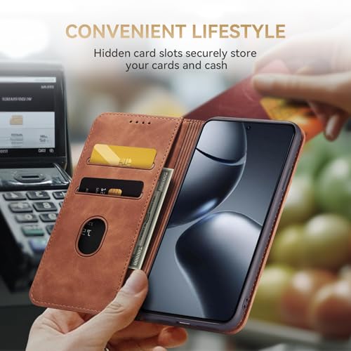 KIOTROUO Case for Xiaomi 14T, PU Leather Case with Card Slot, Protective Cards, Folding Stand, Magnetic Closure, Book Type Flip Case, Brown
