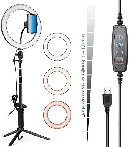 Makeup Led Ring Light with Stand Dimmable Desk Makeup Light with Phone Holder and Voice Microphone for YouTube Video and Selfie/Makeup 3 Light Modes & 11 Brightness Level