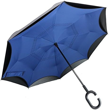 Inverted Umbrella PFFY Double Layer Reverse Folding Umbrella Windproof for Car Umbrella Navy Blue