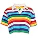 Women Rainbow Stripes Printed T-Shirt Korean Style Turn-Down Collar Crop Tops (L)
