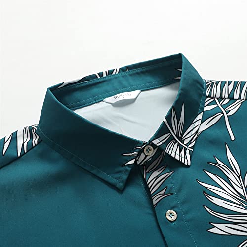 SheLucki Mens Hawaiian Shirts Short Sleeve Casual Button Down Shirts Summer Tropical Floral Beach Shirt Leaf Green 1-077 XL