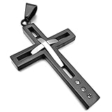 INBLUE Men's Stainless Steel Pendant Necklace CZ Black Silver Tone Cross Hollow Openwork -With 23 Inch Chain