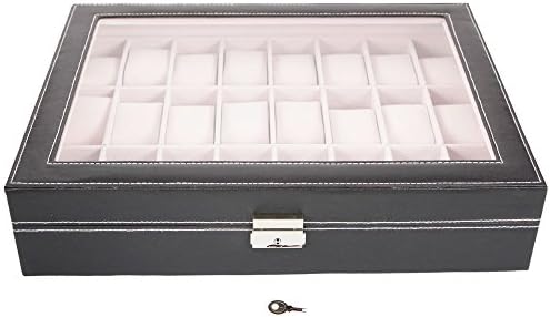 VICWE PU Leather Glass Top Watch Box Collection box 24 Slots Mens Watch Organizer Jewelry Display Case with Lock and Key Black (24 slots)