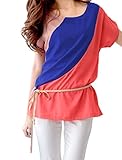 Allegra K Women Short Sleeve Color Block Tunic Tops T-Shirts w Waist Strap
