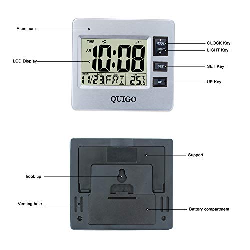 QUIGO Small Digital Alarm Clock Battery Operated with Date,Temperature