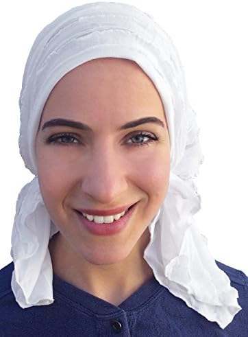 Pre Tied Head Scarf Fitted Bandana Tichel (White Ruffles)