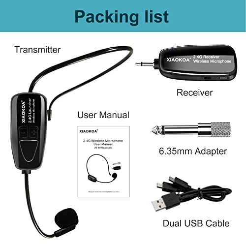 XIAOKOA Wireless Microphone, Amplifier Microphone and Headset 2 in1 Rechargeable 2.4G Wireless Mic Headset with Wireless Receiver for Voice Amplifier, Stage Speaker, Public Speaking and Teaching, USB