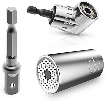 Multi-function 7mm-19mm Universal Sockets Metric Wrench Power Drill Adapter Socket Professional Repair Tools and 105 Degree Right Angle Extension Power Screwdriver 1/4" Drive 6mm Hex Magnetic Drill