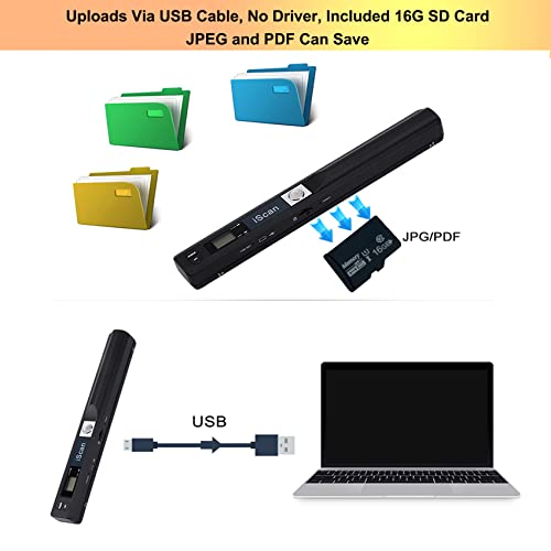 AUTENS Portable Handheld Scanner Included 16G SD Card, Wand Scanner for A4 Documents Pictures Pages Texts Receipts Books Up to 900DPI, JPG/PDF Format Selection, Uploads Via USB Cable, No Driver