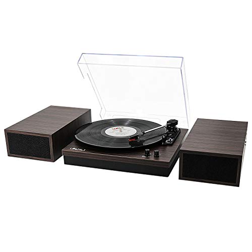 LP&No.1 Retro Belt-Drive Bluetooth Turntable with Separable Stereo Speakers,3 Speed Vinyl Record Player,Dark Brown
