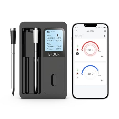 BFOUR Wireless Meat Thermometer with 2 Meat Probes, 328FT Smart Wireless Bluetooth Meat Thermometer with LCD Screen Booster, Meat Thermometer for Grilling Smoker BBQ Oven Rechargeable