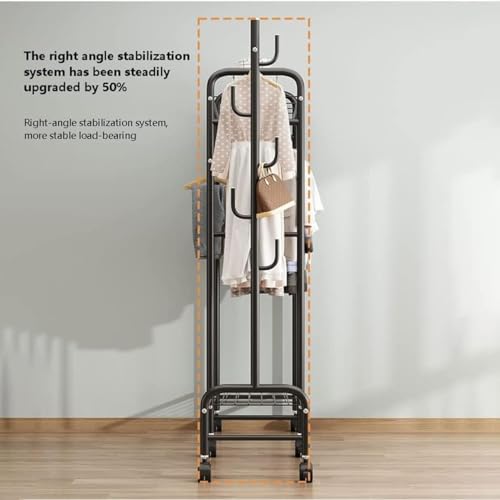 Clothes Hanger Stand with Shelves, Garment Rack, Free Standing Metal Clothing Hanging Rack, Single Rail, Wardrobe Top&Bottom Storage Shelf, Shoes Handbags Baskets, Bedroom Garment Organizer (A-Black)