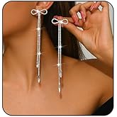 Bow Earrings for Women Rhinestone Long Tassel Dangling Earrings Sparkling Crystal Earrings Silver Prom Earring Chandelier Statement Tassel Earring Luxury Bridal Jewelry for Prom Wedding