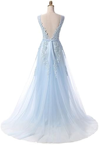 Nicefashion Women's Elegant V Neck Elegant Long Lace Evening Dress Semi Formal Prom Gowns Light Blue US14