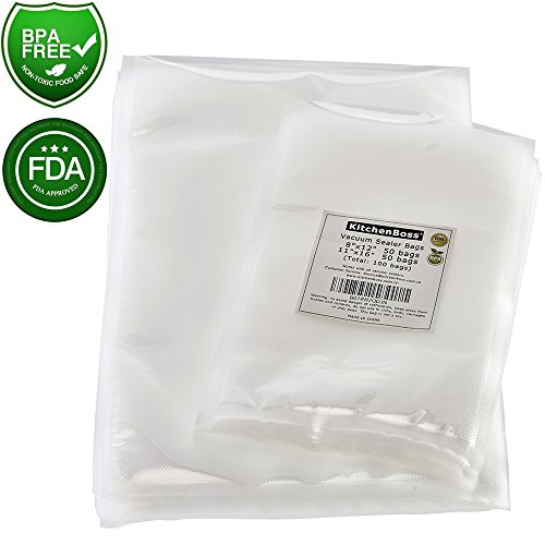 Vacuum Sealer Bags 50 of Each Size 8"x12" Quart and 11"x16" Gallon. KitchenBoss Commercial Grade for Vacuum Storage Bags for Sous Vide (Total 100 Bags) - Thumbnail 7