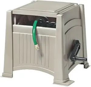 Suncast Resin Outdoor Hose Hideaway with Lid - Durable Hose Storage Reel with Crank Handle, Watertight Connection, and Lid - 165' Hose Capacity - Taupe