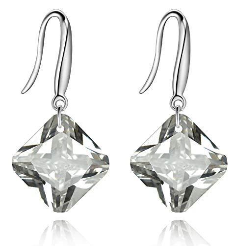 Uloveido Rhodium Plated Square Zircon White Earrings Cushion Cut Cubic Zirconia Dangle Drop Earrings for Women Girls WE030 (White)