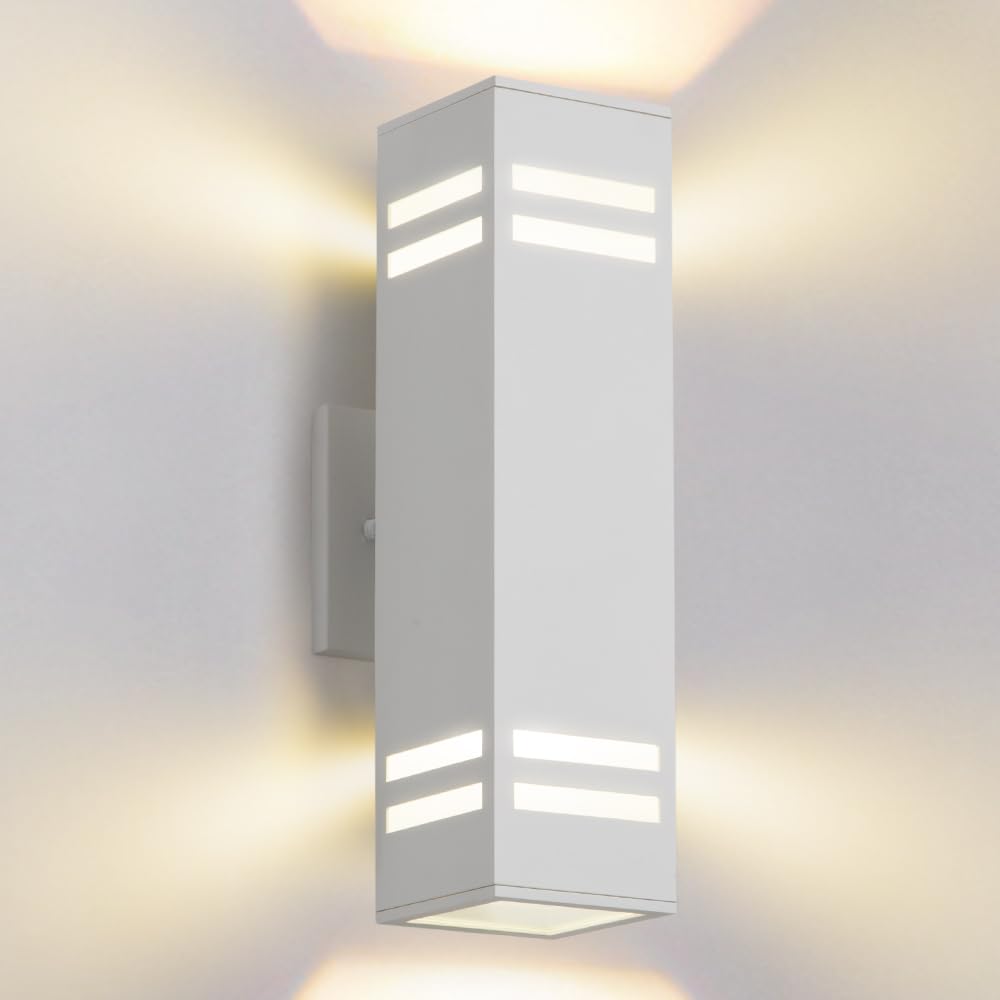 Photo 1 of Cerdeco Aluminum Modern Outdoor Wall Light,15" Exterior Up Down Wall Sconce Light Fixture Sand Textured White with 3-Sided Frosted Glasses [ETL Listed]