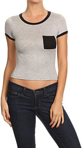 Kjen Womens Short Sleeve Round Neck Ringer T-shirt Top with Pocket H1094 (Medium, Grey)