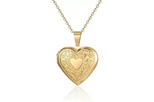 COLORFUL BLING Locket Picture Pendant Necklace,Vintage Engraved Flower Empaistic Carved Pattern Oval Round Heart Necklace