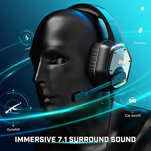 EKSA E1000 USB Gaming Headset for PC - Computer Headphones with Microphone/Mic Noise Cancelling, 7.1 Surround Sound Wired Headset & RGB Light - Gaming Headphones for PS4/PS5 Console Laptop (Gray)