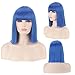 BERON 14’’Straight Bob Wig Shoulder Length Natural Flat Bang Wig with Free Wig Cap (Blue)
