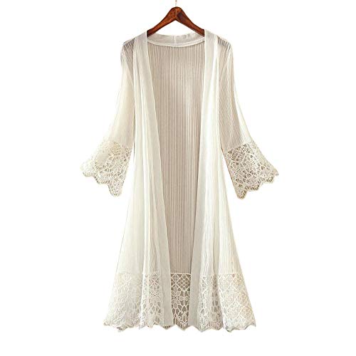 DONTAL Open Front Women Long Sleeve Lace Top Blouse T-Shirt Smock Drape Cardigan Kimono White