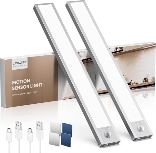 LROLTEF Under Cabinet Kitchen Lights Motion Sensor Dimmable 21cm 1500mAh 6500K LED Under Counter USB-C Rechargeable Wardrobe Sensor Indoor Night Lights for Kitchen Shelf Stairs Closet 2 Pack