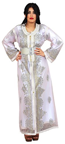 Moroccan Caftan Women Handmade Embroidery Small To Large White Complimentary Belt
