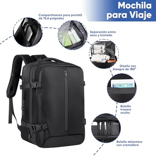 Viaje de Mochila al Vacío con Bombas Aire Eléctricas, 36-55L Expandible, Separación húmeda y seca, con Bolsa de Aire Antirrobo para Viajes