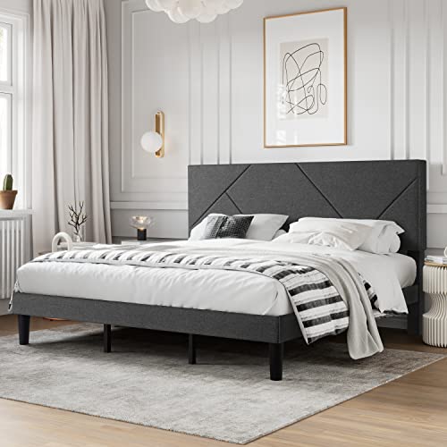 SHA CERLIN King Size Upholstered Bed Frame with Geometric Headboard